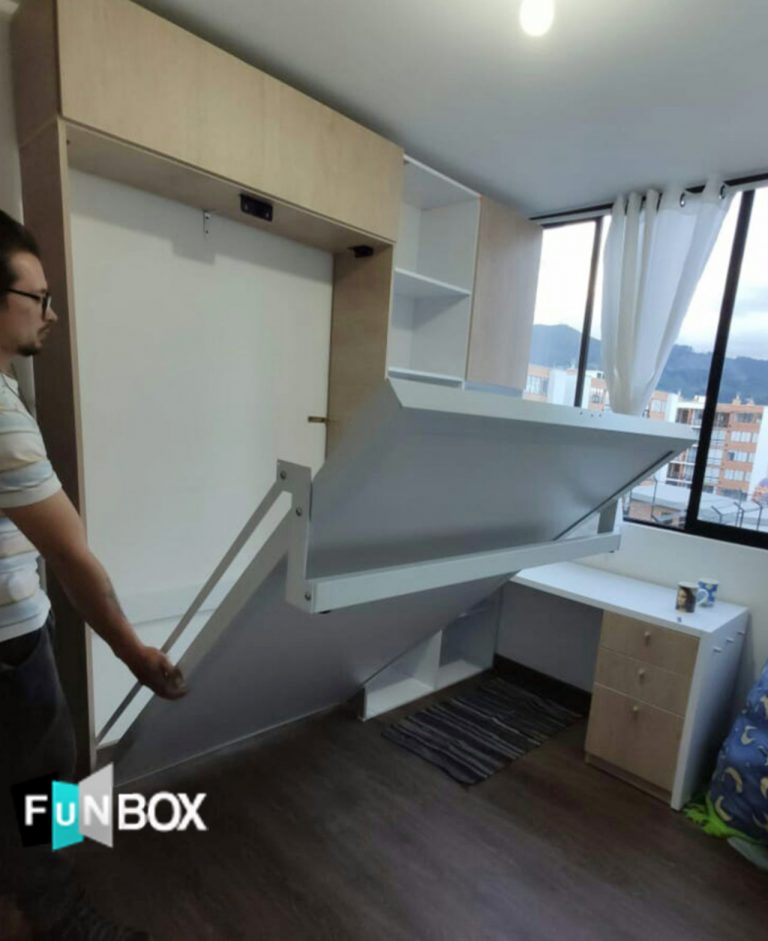 cama abatible vertical medellin con repisas, almacenamiento y repisa